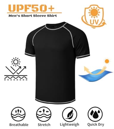 Mens Big and Tall Swim Shirt Sun Protection UPF 50+ Rash Gard Quick Dry T-Shirt Black - Image 3