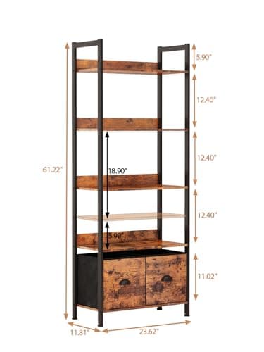 Furologee 5-Tier Bookshelf, Tall Bookcase with 2 Storage Drawers, Adjustable Industrial Display Standing Shelf Units, Wood and Metal Storage Rack for Living Room, Bedroom, Home Office Rustic Brown - Image 3