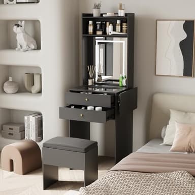 ARTETHYS Small Vanity Desk Set with 3 Adjustable Lighted Mirror and Storage Chair Mini Black Makeup Vanities Set for Bedroom Compact Make up Dressing Table with Fold-up Panel for Tiny Space - Image 8