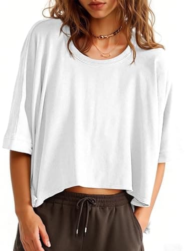 Tankaneo Womens Oversized T-Shirts Cropped Summer Casual Short Sleeve Loose Fit Tee Tops White - Image 1