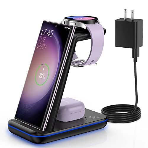 Wireless Charging Station for Samsung/Android, Fast Wireless Watch Charger Station Compatible for Samsung Galaxy S25 Ultra/S24/S23+/Z Flip 6/5 Fold 6/5, Watch8/7/Pro/Active 2 Galaxy Buds3/2 Pro(Black) - Image 1