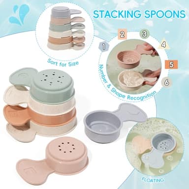 Baby Bath Toys for Kids Ages 1-3, 15 PCS Mold Free Toddler Bath Toys Bathtub Water Toys, Easy to Clean & Easy-Grip Stackable Boats & Spoons, Soft, Squeezable Silicone Bath Toy for Babies 6-12 Months - Image 4