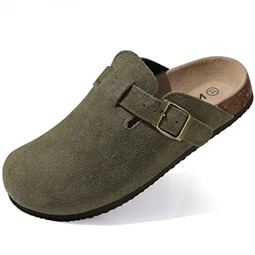 KIDMI Women's Genuine Suede Clogs Cork Footbed Sandals Leather Mules Potato Shoes with Arch Support Army Green 39 (Size 7.5-8) - Image 1