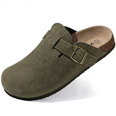 KIDMI Women's Genuine Suede Clogs Cork Footbed Sandals Leather Mules Potato Shoes with Arch Support Army Green 39 (Size 7.5-8) - Image 1