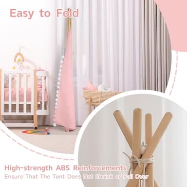 WIRHAO Teepee Tent for Kids with Padded Mat Cotton Canvas Kids Tent with Pompom for Toddlers Indoor Play Tent for Girls Boys with Stars Lights, Carry Bag, Banner Flag (Pink) - Image 6