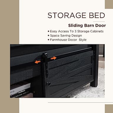 JXQTLINGMU Farmhouse Wood Bed Frame King Size with Sliding Barn Door Storage Cabinets and Headboard, Solid Wood Slats Support, Noiseless, No Box Spring Needed, Black - Image 4