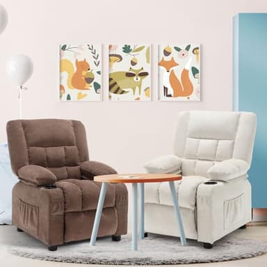 BOSMILLER Kids Recliner Chair, Push Back Toddler Recliner with Cup Holders & Side Pockets, Adjustable Footrest & Headrest Kids Sofa for Boys Girls 3+ Age Group (Light Brown) - Image 2