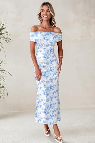 LUXVEER Women's Mesh Floral Dress 2025 Summer Off Shoulder Ruched Bodycon Long Maxi Fitted Night Out Wedding Guestes Dresses Blue - Image 6