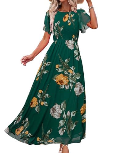Simplee Womens Spring Floral Maxi Wedding Guest Dress Bohemian Short Sleeve Loose Sundress Lightweight Flowy Prom Vacation Dress(Dark Green M) - Image 1