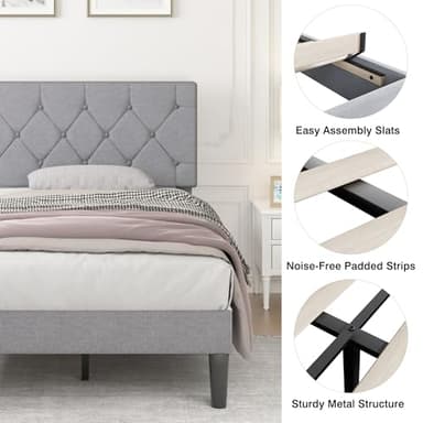 VECELO Twin Bed Frame with Button Tufted Headboard, Upholstered Platform with Wooden Slat Support, No Box Spring Needed, Grey - Image 4