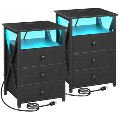 AMHANCIBLE Night Stand Set 2, LED Nightstand with Charging Station, End Side Tables with USB Port & Outlet, Bedside Table with Fabric Drawers for Bedroom Living Room, Black, HET053LBK - Image 1