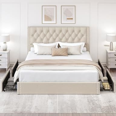 LARMACE King Size Bed Frame with 4 Storage Drawers and Tufted Headboard Linen Upholstered Platform Bed Frame with Heavy Duty Wood Slats, No Box Spring Needed, Easy Assembly, Beige - Image 8