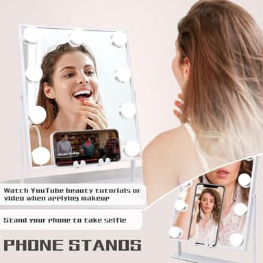 COOLJEEN Vanity Mirror with Lights and Bluetooth, Wireless Charging Lighted Vanity Mirror with Phone Stand, 9-Bulb 3 Color Lighting Tabletop Lighted Makeup Mirror, 360°Rotation - Image 4