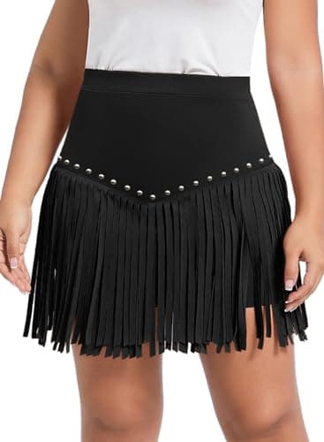 Women Plus Size Fringe Cowgirl Mini Skirt - Western Country Concert Rodeo Outfit High Waisted Tassel Boho Bottoms(Black,4XL,11163Pa) - Image 1