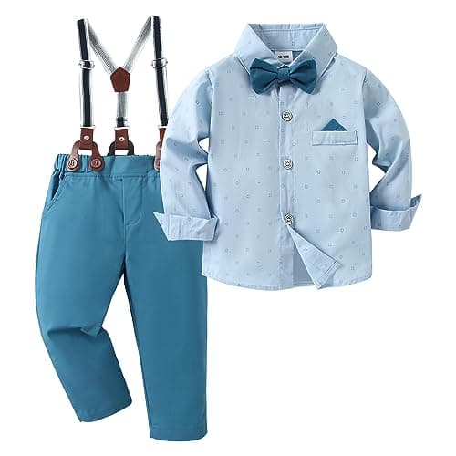 nilikastta 1st Birthday Outfit Boy Boys Gentleman Wedding Outfit Blue Formal Dress Shirt/Bowtie/Suspender Pants 12-18months for Wedding - Image 1