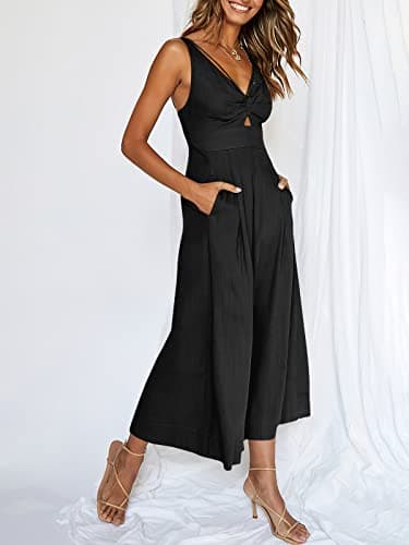 ANRABESS Women's Jumpsuits Summer Wide Leg Sleeveless V Neck Casual Dressy Linen Pants Rompers 2025 Vacation Beach Outfits Black Small - Image 4