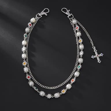 Fashion Layered Pants Wallet Chains - Exquisite Gold Silver Rhinestone Flower Pearl Jean Pocket Chain for Women Men Cute Bag Purse Charms Jewelry (link silver) - Image 5