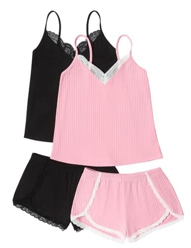 Ekouaer Womens Pajama Sets Soft Lingerie Sleepwear 4 Piece Cami Shorts Set V Neck Pj Lace Nightwear Black + Pink Large - Image 1