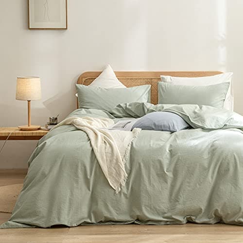 BESTOUCH Duvet Cover Set 100% Washed Cotton Linen Feel Super Soft Comfortable Chic Lightweight 3 PCs Home Bedding Set Sage Green Queen - Image 1