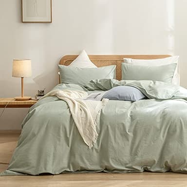 BESTOUCH Duvet Cover Set 100% Washed Cotton Linen Feel Super Soft Comfortable Chic Lightweight 3 PCs Home Bedding Set Sage Green Queen - Image 1