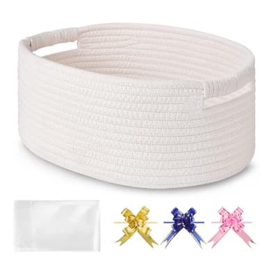 BOSROTY Small Woven Basket with Gift Bags and Ribbons, Empty Baby Gift Baskets for Kids Women Men, Shelf Storage, Small Cat Dog Pet Toy Boxes, 13”x 9”x 5.5”, White - Image 1