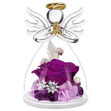 encavy Preserved Flowers Rose in Glass Angel Figurines,Birthday Gifts for Women,Christmas Rose Gifts for Her Women Mom,Valentines Present,Purple Flowers for Grandma Wife Girlfriend - Image 1