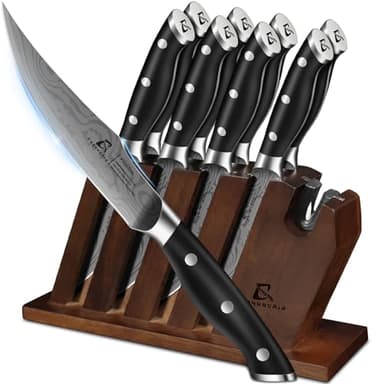 CoquusAid Steak Knives Set of 8 with Block Built-in Sharpener, 4.8 Inch Non Serrated Razor-Sharp Durable Dinner Knives, German Stainless Steel Damascus Pattern Full Tang Forged, Easy to Maintain - Image 1