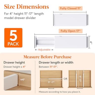 Lifewit 5 Pack Drawer Dividers 4" High, 11-17" Adjustable Dresser Drawer Organizers for Clothes, Expandable Dresser Separators in Bedroom/Bathroom/Kitchen/Vanity/Office Organization and Storage, White - Image 2