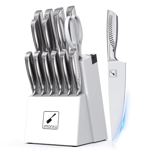 imarku Knife Set, Japanese HC Stainless Steel 15 PCS Kitchen Knife Set With Block With Built-in Sharpener, Razor-Sharp Blade Knife Block Set With Dotted Ergomomic Handle, Best Birthday Gifts, White - Image 1