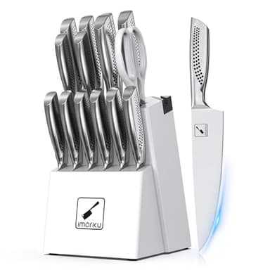 imarku Knife Set, Japanese HC Stainless Steel 15 PCS Kitchen Knife Set With Block With Built-in Sharpener, Razor-Sharp Blade Knife Block Set With Dotted Ergomomic Handle, Best Birthday Gifts, White - Image 1
