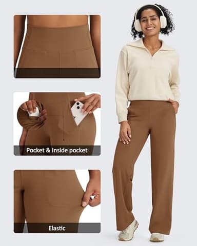 G4Free Wide Leg Pants Woman Yoga Pants with Pockets Loose Casual Stretch Sweatpants (Dark Coffee,L,33") - Image 3