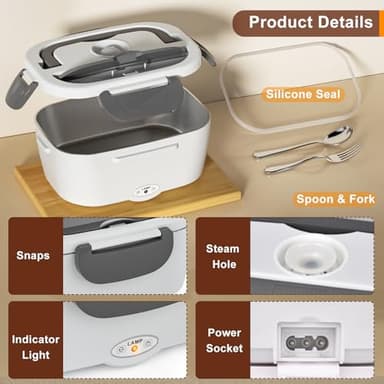 Akhia Electric Lunch Box for Adults, 80W/1.5L Heated Lunch Box for Men Work Car Truck, Portable Food Warmer Lunch Box Upgraded with Fork&Spoon and Insulated Carry Bag, 12V/24V/110V - Image 6