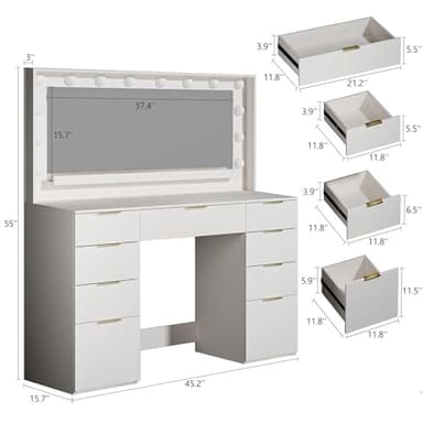 ALEXNUTRE Vanity Desk with Large Mirror and Lights, 45.3in Makeup Vanity with Power Outlet 9 Drawers & Storage, 3 Lighting Color Adjustable, White Vanity Desk for Bedroom - Image 6