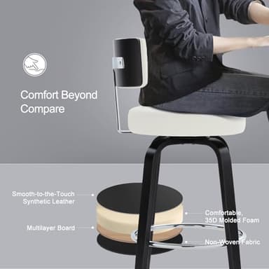 Bekrvio Swivel Counter Height Bar Stools Set of 4, 26” Seat Height Island Chairs Modern Kitchen Stools for Kitchen Counter, Faux Leather Upholstered Barstools with Back, Black Wood Legs and White Seat - Image 4