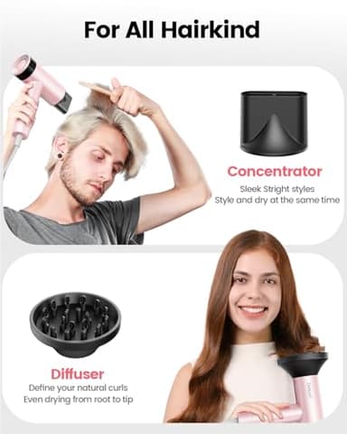 Dekuri Hair Dryer, 110,000 RPM High-Speed Fast Drying Blow Dryer, 200 Million Ionic Lightweight Hairdryer with Diffuser, Magnetic Nozzle, 4 Temps & 3 Speeds, Low Noise for Women & Men (Pink) - Image 7