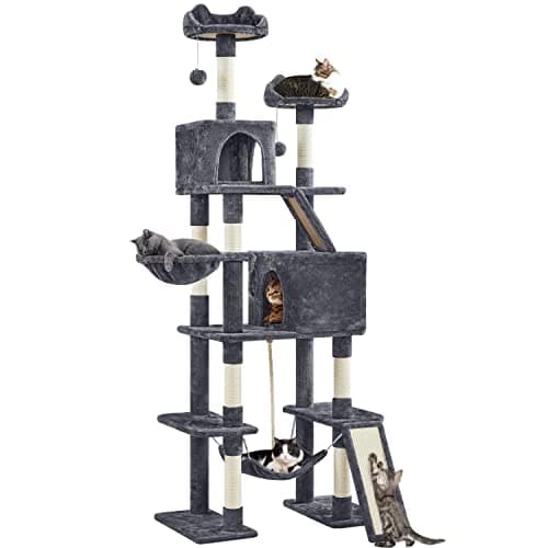 Yaheetech Cat Tree, 82.5in Large Tower w/Hammock, 2 Kitty-Ear Perches, 2 Cozy Condos, Scratching Posts, Basket, Furniture for Large Cats, Kittens, Dark Gray - Image 1