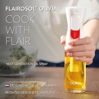 FLAIROSOL OLIVIA. The Original Advanced Oil Sprayer for Cooking, Kitchen, Salads, BBQs, Continuous Spray with Portion Control, 130ml Glass Olive Oil Sprayer(White Print) - Image 8