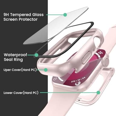 3 in 1 Goton Waterproof Hard Case for Apple Watch Screen Protector 41mm, 360° Slim Full Protective Tempered Glass Face Cover + Back Hard PC Bumper for iWatch Series 9/8/7, 41mm Pink - Image 3