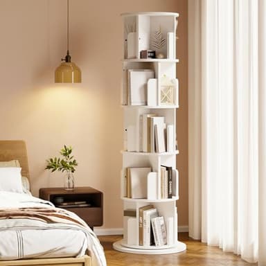 MXV Rotating Bookshelf, 360 Display 5 Tier, Small Corner Bookshelf for Small Space, Floor Standing Bookcase Storage Rack, Wood Narrow Book Shelf Organizer for Bedroom, Living Room, White - Image 1