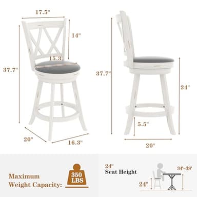 Betterhood 24" Counter Height Swivel Bar Stools - High Back Swivel Counter Stools with Upholstered Seat & Solid Wood Footrest, Counter Bar Chairs for Kitchen Island & Pub (Antique White, Set of 2) - Image 2