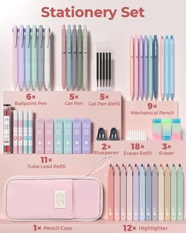 Four Candies 56 PCS Aesthetic School Supplies with Cute Pencil Case, 6 Multicolor Pen, 12 Pastel Highlighters, 5 Gel Pens Black Ink, 9 Mechanical Pencils for Student Stationary Set Preppy Stuff (Pink) - Image 2