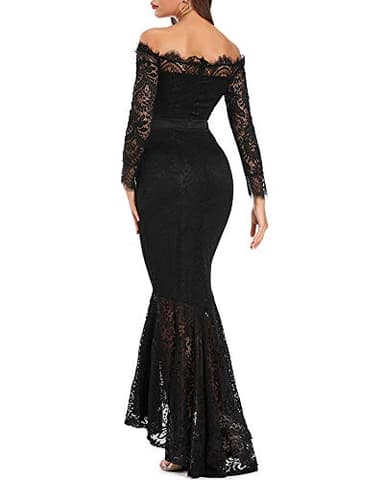 LALAGEN Women's Floral Lace Long Sleeve Off Shoulder Wedding Mermaid Dress Black XL - Image 2