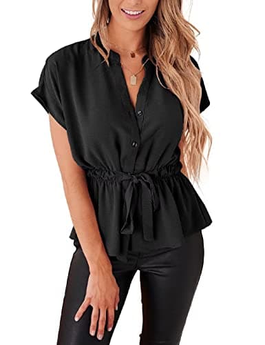 Womens Button Down Blouses Casual Peplum Summer Tops Dressy Chiffon Work Blouse Black - Image 1