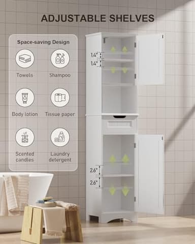 Gizoon 67" H Tall Bathroom Cabinet, Storage Cabinet with 2 Doors & Drawer, Narrow Bathroom Storage Cabinet Freestanding Adjustable Shelves for Home, Kitchen, Versatile, Anti-Tipping, White - Image 5
