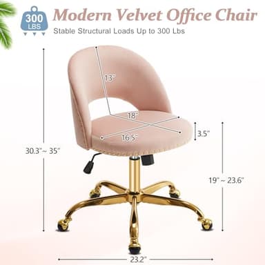 VINGLI Modern Velvet Small Office Chair,Cute Desk Chair with Wheels,Gold Base/Studs, Comfy Armless Swivel Vanity Task Chair for Women/Girl/Kids, Nail Tech Chair for Bedroom,Small Space,Pink - Image 2