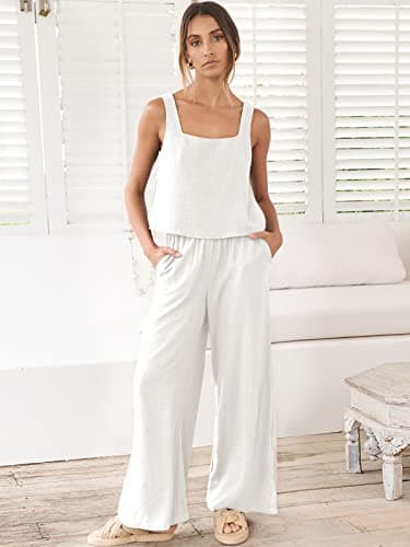 ANRABESS Women's 2 Piece Outfits Linen Pants Jumpsuit Matching Lounge Set Casual Summer Beach Vacation Trendy Clothes White Small - Image 2