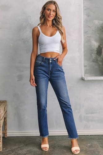 Sidefeel Women's Petite Jeans High Waisted Wide Leg Jeans Strechy Straight Leg Zimbaplatinum Denim Pants Size 14 Bluing - Image 6