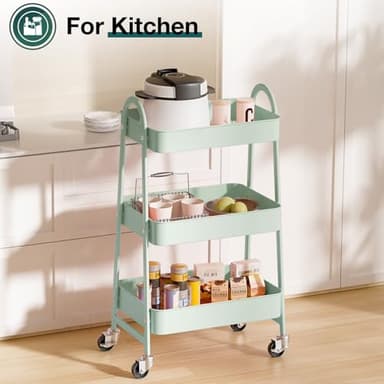 SMUG 3 Tier Rolling Cart - Metal Utility Carts on Lockable Caster Wheels, Mobile Storage Shelves Organizer for Livingroom, Bathroom, Kitchen, Bedroom & Narrow Places, Green - Image 6