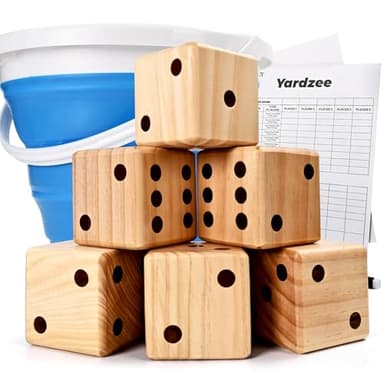 ropoda 3.5" Giant Wooden Yard Dice Set for Outdoor Fun, Barbeque, Party Events, Backyard Games, Lawn Games Includes 6 Dice, Collapsible Bucket, Score Cards & Dry Erase Marker - Image 1