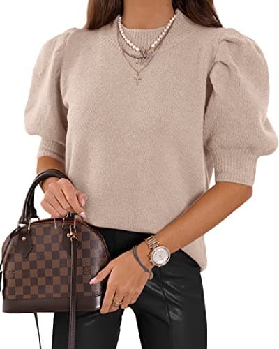 Women's Puff Short Sleeve Sweater Tops 2025 Spring Summer Trendy Crew Neck Casual T Shirts Blouses A-Beige - Image 1